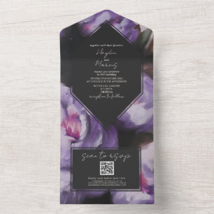 Invitation Tout En Un Mariage floral dramatique violet botanique RSVP QR