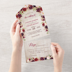Invitation Tout En Un Mariage floral en bois rustique Marsala (Pas de VV