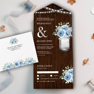 Invitation Tout En Un Mariage Floral en Bois Rustique Pot en Verre Bleu 