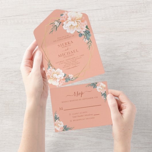 Invitation Tout En Un Mariage floral en terre cuite Blush Gold Peach (Déchirure)