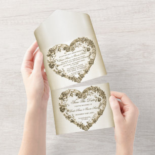 Invitation Tout En Un Mariage Floral Golden Ornate Heart Frame Élégant