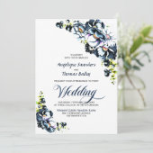 Invitation Tout en un Mariage floral gris bleu (Debout devant)
