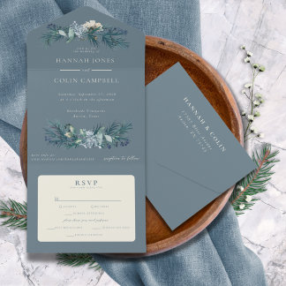 Invitation Tout En Un Mariage Floral Hivernal Gris Bleuâtre