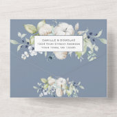 Invitation Tout En Un Mariage Floral Hivernal Vert Sauge et Bleu Poussié (Verso)