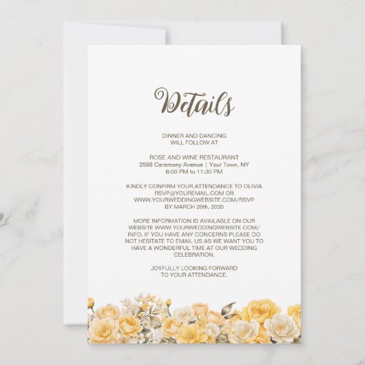 Invitation Tout en un Mariage Floral Jaune Rustique (Dos)