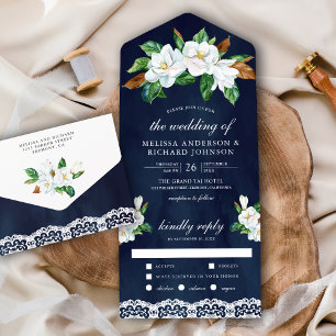 Invitation Tout En Un Mariage Floral Magnolia Blanc Rustique Bleu Marine