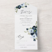 Invitation Tout En Un Mariage floral marine et bleu poussiéreux (À l'intérieur)
