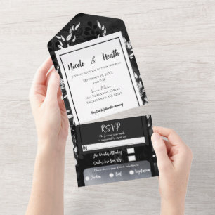 Invitation Tout En Un Mariage Floral Minimaliste Moderne Noir Blanc Gris