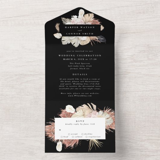 Invitation Tout En Un Mariage floral moderne Black Premium Wreath Pampas (À l'intérieur)