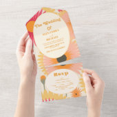 Invitation Tout En Un Mariage floral moderne rose et jaune rétro (Déchirure)