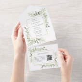 Invitation Tout En Un Mariage Floral Monogramme Code QR de Verdure (Déchirure)