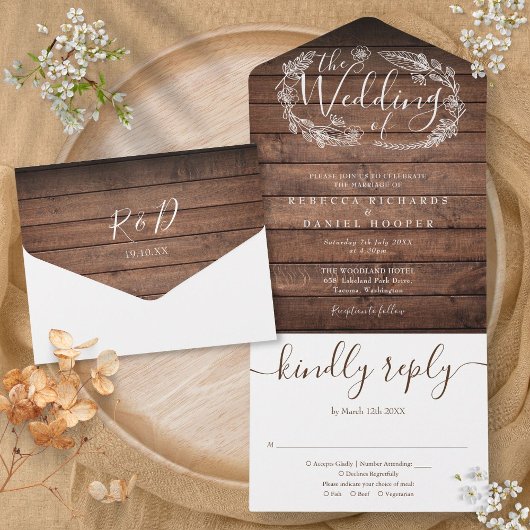 Invitation Tout En Un Mariage Floral Monogramme Script Bois Rustique