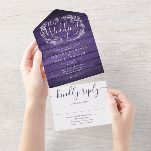 Invitation Tout En Un Mariage Floral Monogramme Script Bois Rustique Vio (Déchirure)
