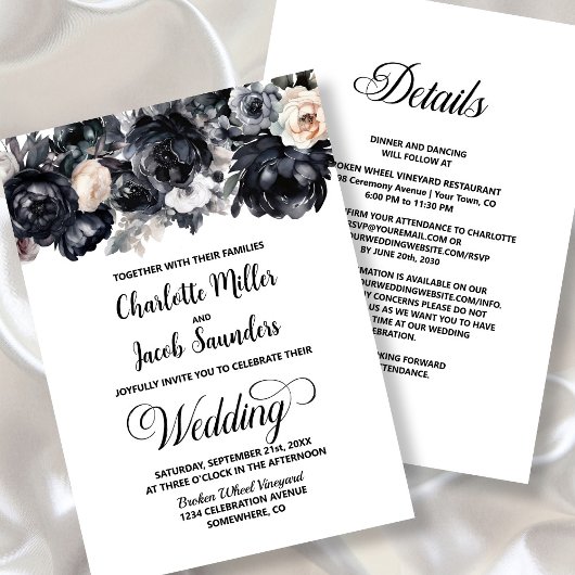 Invitation Tout en un Mariage Floral Noir