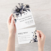 Invitation Tout En Un Mariage floral noir blanc moderne (Déchirure)