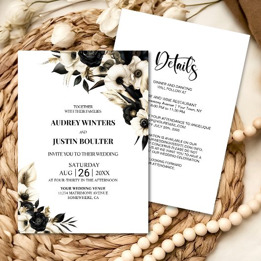 Invitation Tout en un Mariage Floral noir et blanc