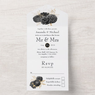 Invitation Tout En Un Mariage Floral Noir et Or Vintage