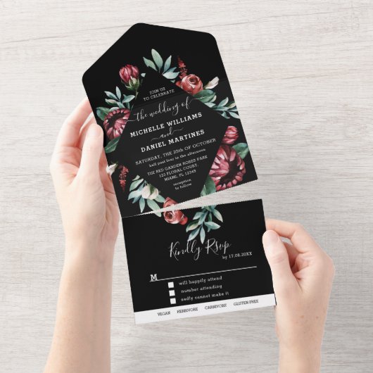 Invitation Tout En Un Mariage Floral noir et rouge tout en un (Déchirure)