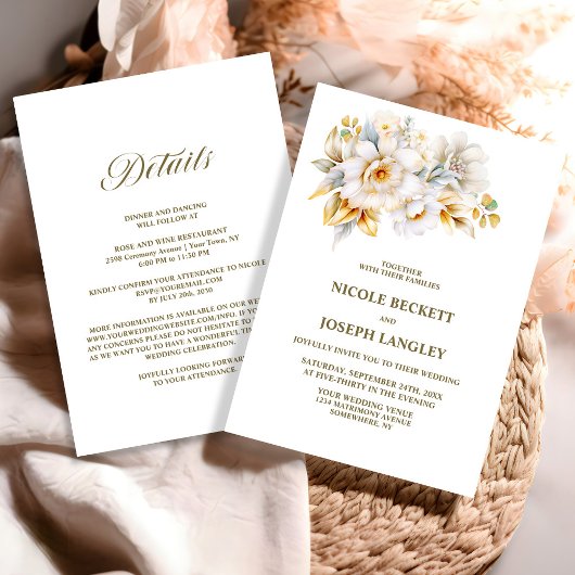 Invitation Tout en un Mariage Floral Or Blanc