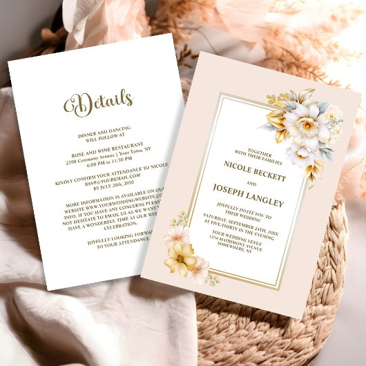 Invitation Tout en un Mariage Floral Or Blanc
