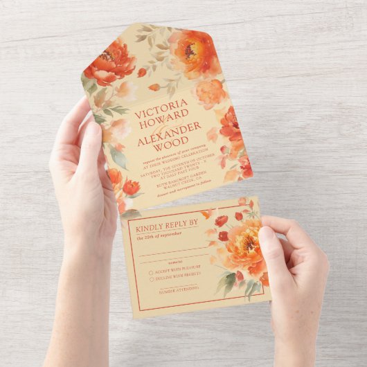 Invitation Tout En Un Mariage Floral Orange Brûlé (Déchirure)