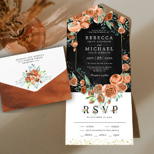 Invitation Tout En Un Mariage Floral Orange Brûlé Terreux Moderne Noir