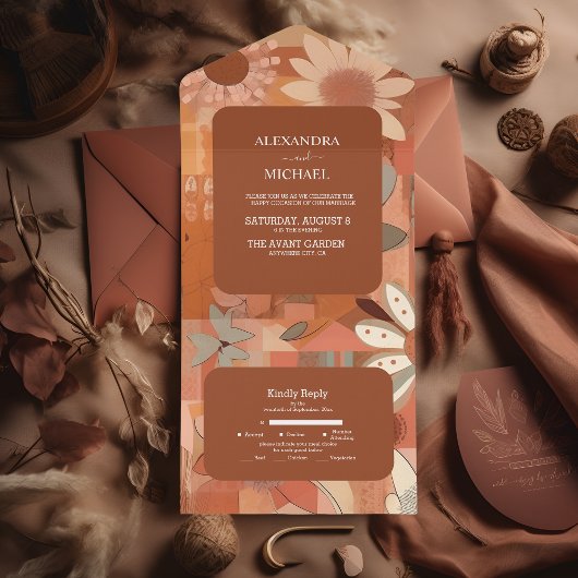 Invitation Tout En Un Mariage floral orange Super rétro