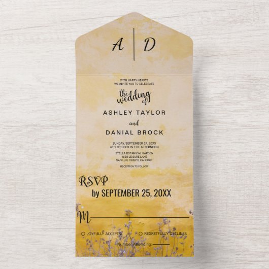 Invitation Tout En Un Mariage floral poussiéreux jaune rustique chic de (À l'intérieur)