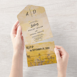 Invitation Tout En Un Mariage floral poussiéreux jaune rustique chic de