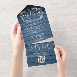 Invitation Tout En Un Mariage Floral QR Code Bois Rustique Bleu