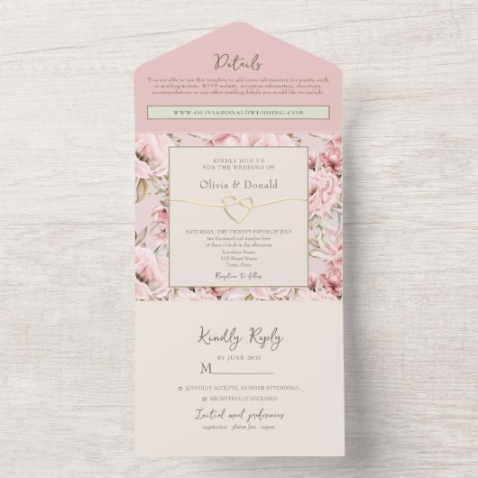 Invitation Tout En Un Mariage floral rose (À l'intérieur)