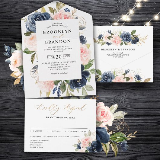 Invitation Tout En Un Mariage Floral Rose bleu bleu bleu Dusty