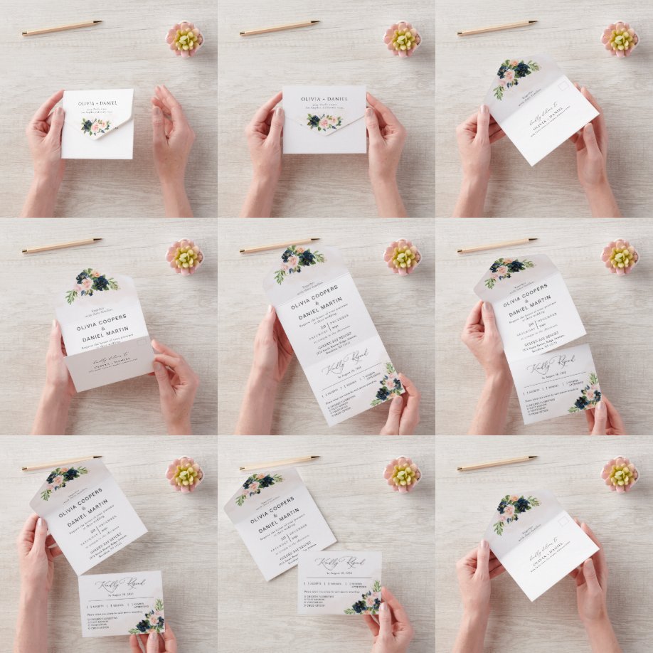 Invitation Tout En Un Mariage floral rose bleu marine et bleu