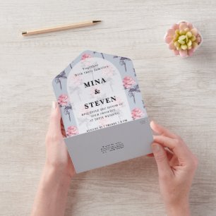 Invitation Tout En Un Mariage floral rose bleu poussiéreux