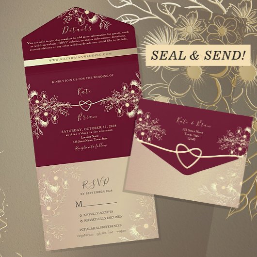 Invitation Tout En Un Mariage Floral Rose d'or de Bourgogne