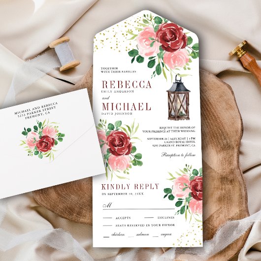 Invitation Tout En Un Mariage floral rose et bordeaux