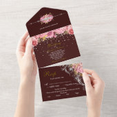 Invitation Tout En Un Mariage floral rose et diamant or (Déchirure)