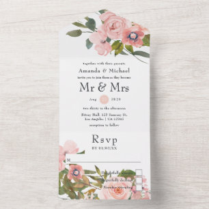 Invitation Tout En Un Mariage floral rose et or rose pâle