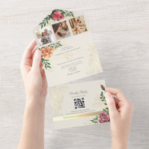 Invitation Tout En Un Mariage Floral Rose Orange Élégant 