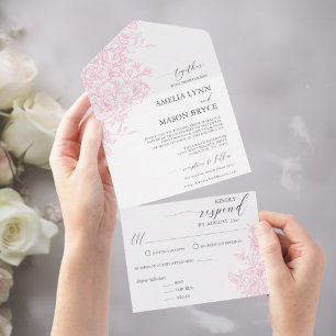 Invitation Tout En Un Mariage floral rose pâle élégant victorien