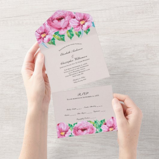 Invitation Tout En Un Mariage Floral rose Tout en un (Déchirure)