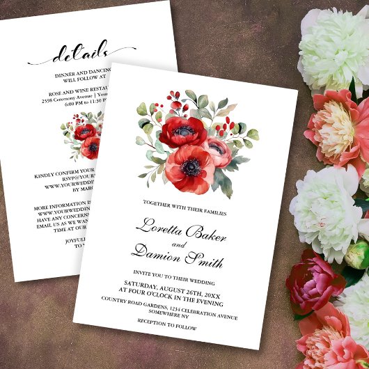 Invitation Tout en un Mariage Floral Rouge