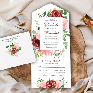 Invitation Tout En Un Mariage Floral Rouge Bourguignon Rustique et Rose
