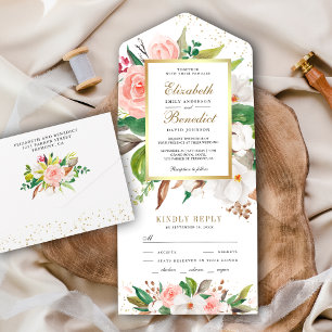 Invitation Tout En Un Mariage Floral Rustique aux Teintes Rose et Blanch