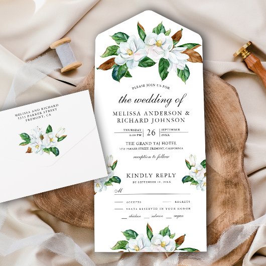 Invitation Tout En Un Mariage floral rustique blanc Magnolia