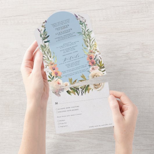 Invitation Tout En Un Mariage floral rustique en poudre (Déchirure)