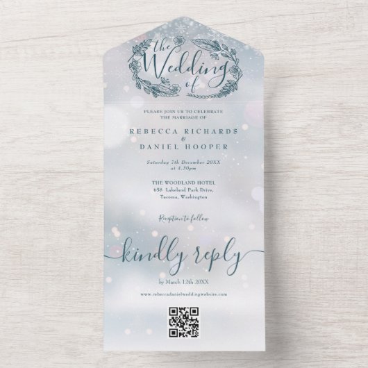 Invitation Tout En Un Mariage Floral Rustique Flocon de Neige Code QR (À l'intérieur)