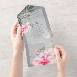 Invitation Tout En Un Mariage Floral Tropical Rustique aux Hibiscus Rose