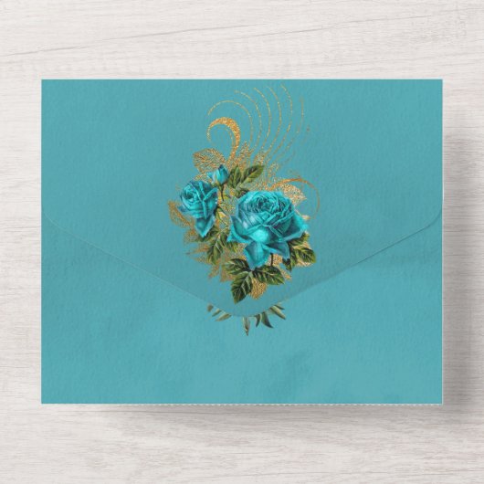 Invitation Tout En Un Mariage floral Turquoise et or (Verso)