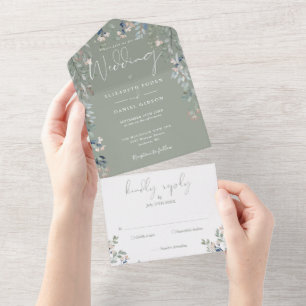 Invitation Tout En Un Mariage floral verdure vert sauge écriture